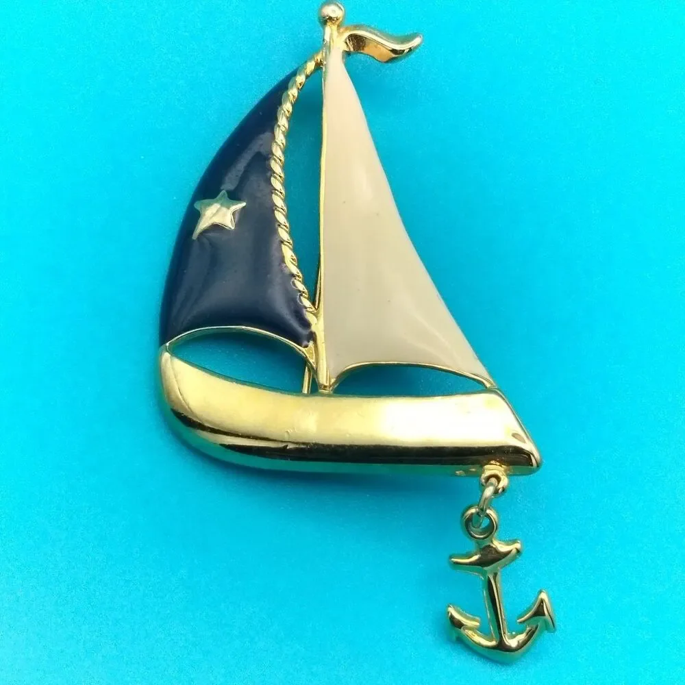 Nautical Sailboat Brooch Pin Gold Tone Enamel Star Anchor